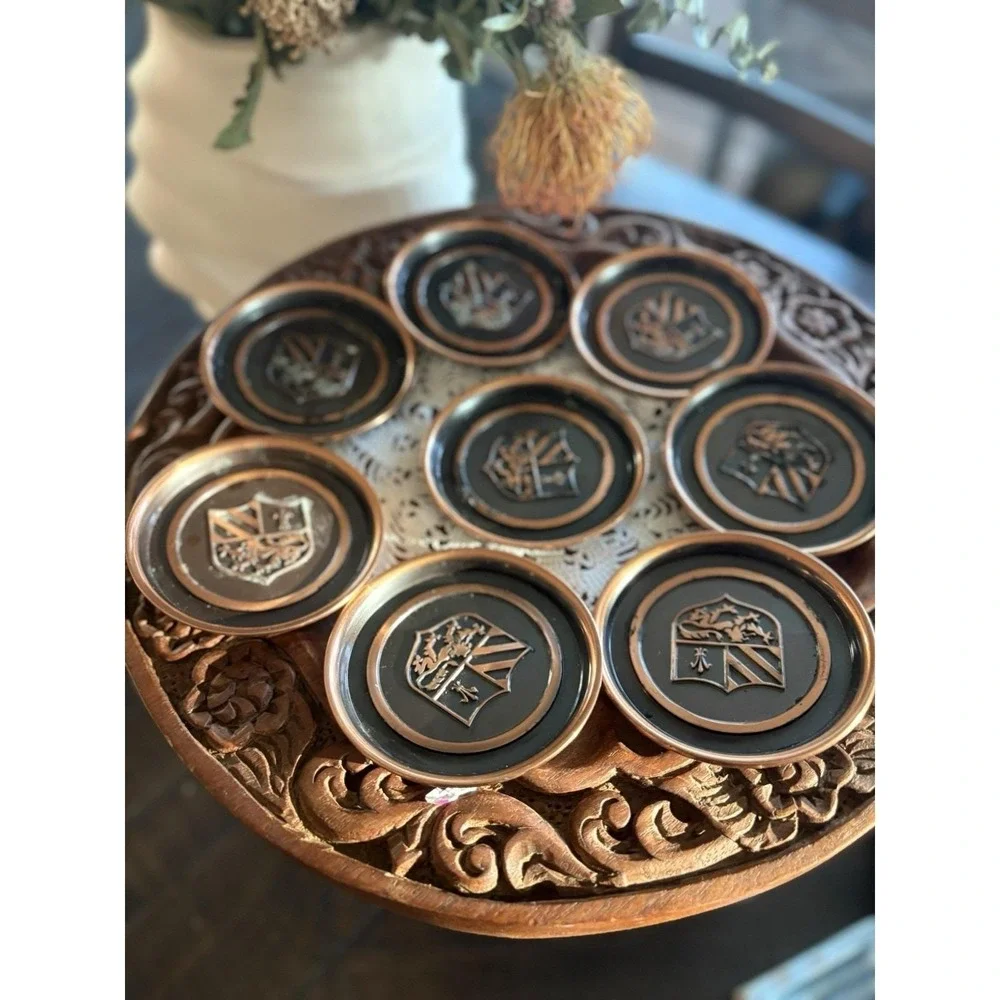 Vintage Hyde Park Copper Metal Coasters Set of 8 Heraldic Crest Shield Caddy MCM